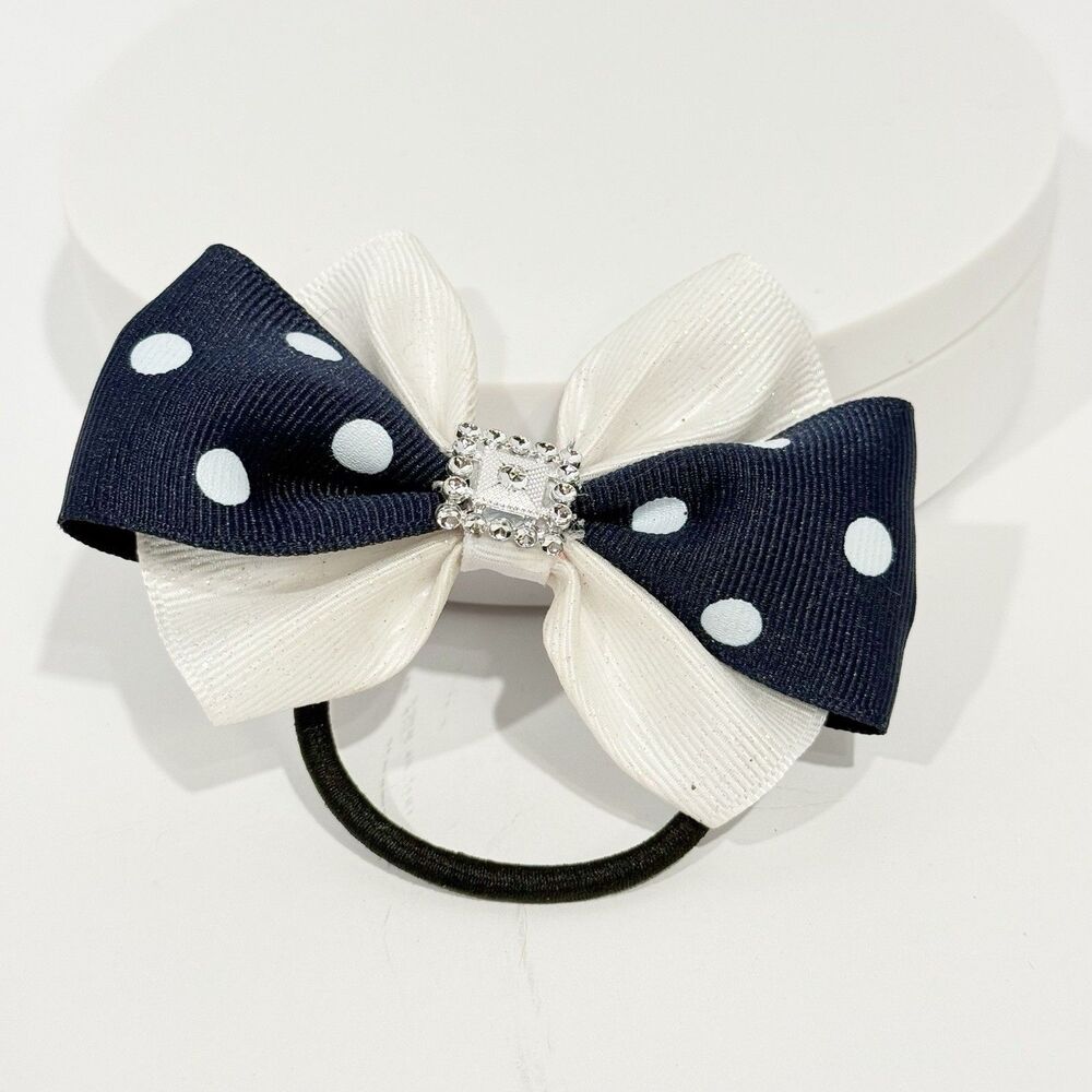 Handmade Navy Blue White Polka Dot Bow Ponytail Holder Elastic Hair Tie - Picture 7 of 7